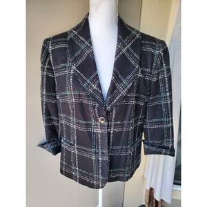 Rena Rowan Blazer Jacket Women 14 Black White Green Plaid Pockets One Button Y2K